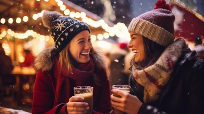 Zwei lachende Frauen mit Winterkleidung trinken Getränke auf Weihnachtsmarkt