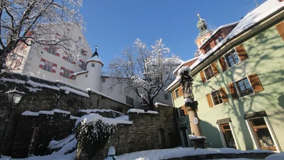 Schneebedeckte Gebäude und Bäume bei klarem Himmel in einer Altstadt